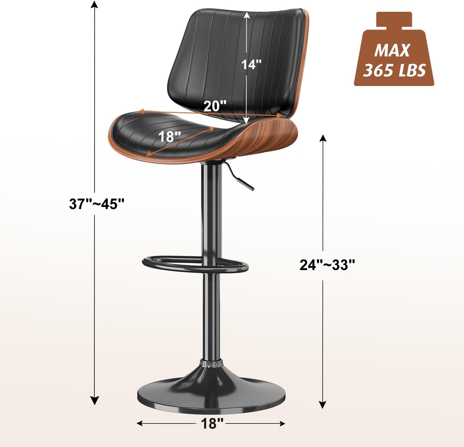 Swivel Bar Stools Set of 3, Adjustable Bentwood Barstools for Kitchen Counter, Modern PU Leather Upholstered Bar Chair with Back and Footrest, for Kitchen Island, Bar, Dining Room, Black