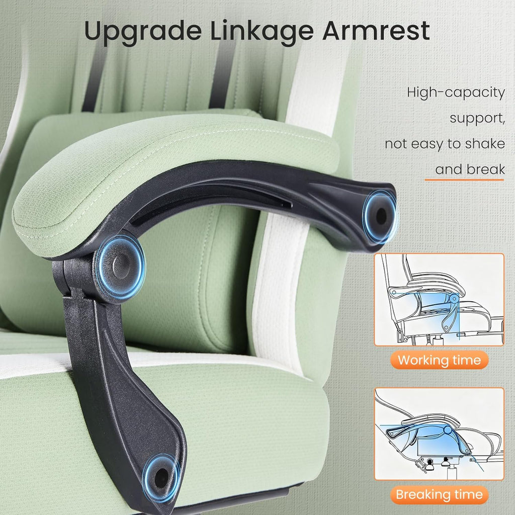 Sweetcrispy Computer Gaming Chair - High Back Ergonomic Desk Chair with Footrest and Lumbar Support, Height Adjustable with Linkage Armrests and Headrest, 360° Swivel Wheels, Fabric, Green