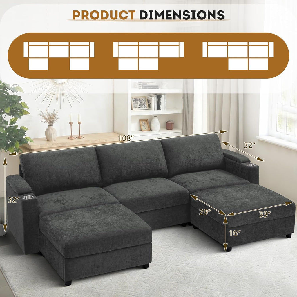 108'' Chenille Sectional Couch with Storage Armrests,U Shaped Upholstered Sofa with 2 Movable Ottomans, 5-Seat Modular Couch with Cup Holders for Living Room, Grey