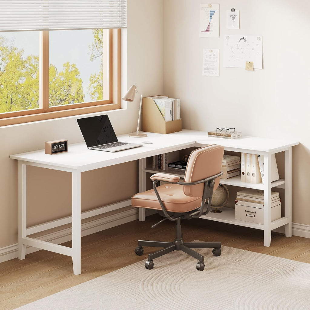 IOTXY Reversible L-Shaped Office Desk - 63" Extra Large Corner Computer Table with Storage Shelves, Solid Wood Legs, Home Writing & Study Workstation, White