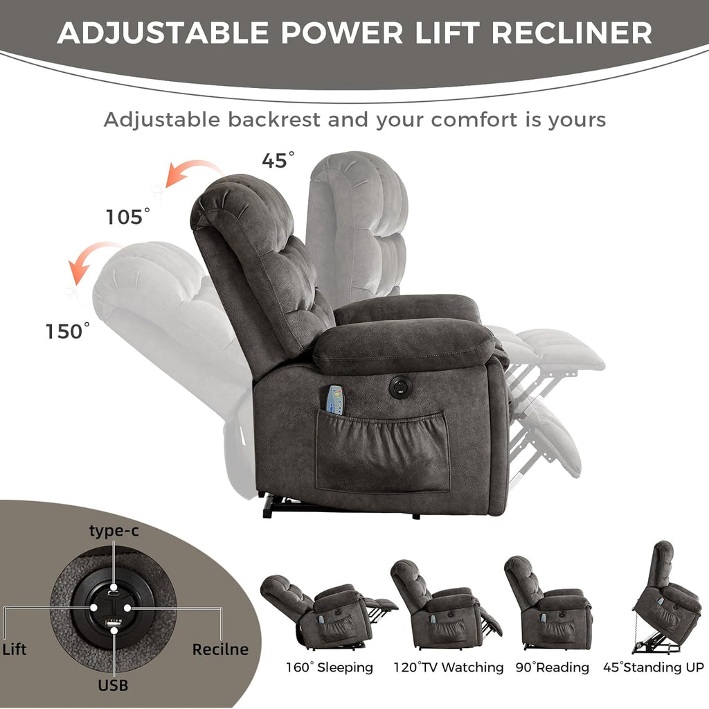 Power Lift Recliner Chair for Elderly with Vibration Massage and Lumbar Heating, Overstuffed Electric Lift Chair with 2 Side Pockets and Cup Holders, USB & Type-C for Living Room, Textile Black