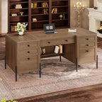 63" Executive Desk with 5 Drawers, Farmhouse Home Office Desks with 2 Storage Cabinet and Keyboard Tray, Large Boss Desk with Privacy Panel, Modern Table with Open Shelf and File Drawer