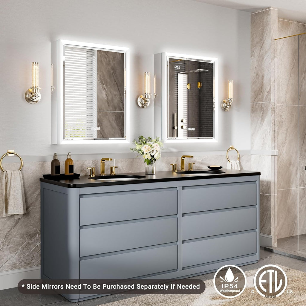 Beveled Lighted Medicine Cabinet with Mirror & Lights -20x26 Surface or Recessed Mirrored Medicine Cabinet with Outlet & Clock, Anti-Fog Dimmable LED Storage Cabinet, Built-in Sensor Light