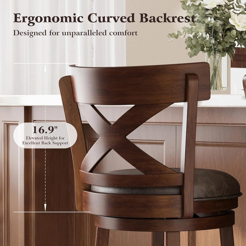 ALPHA HOME Swivel Bar Stools with Backs, 30 Inch Bar Stools Set of 2, Wooden Bar Stools, 360 Degrees Swivel Chairs with Upholstered, Wrap-Around Footrest for Pub, Kitchen, Dark Cherry/Fondant