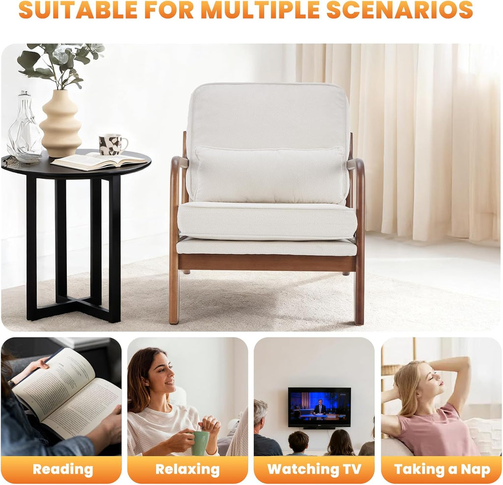 DUMOS Mid Century Modern Chair, Accent Chair with Arms and Waist Cushion, Reading Chairs for Adults, Lounge Chair for Living Room and Bedroom, Solid Wooden Frame, Ivory White