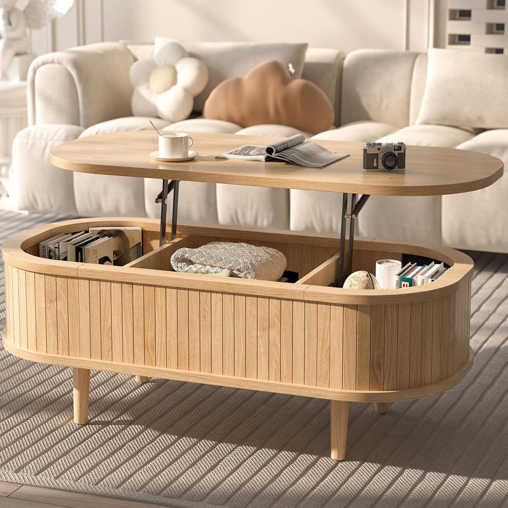 Easyego Oval Lift Top Coffee Table with Storage, 40" Fluted Modern Hidden Compartment Center Table for Living Room, Small Space Apartment, Home Office Desk, Natural