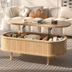 Easyego Oval Lift Top Coffee Table with Storage, 40" Fluted Modern Hidden Compartment Center Table for Living Room, Small Space Apartment, Home Office Desk, Natural