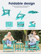 KINGYES Adirondack Rocking Chair with Retractable Ottoman and Cup Holders, HDPE Adirondack Rocker Patio Rocking Chair for Porch, Patio, Balcony, Aqua Blue