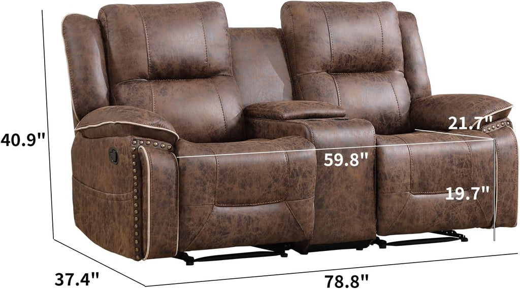 EBELLO Faux Leather Manual Recliner Loveseat, 2 Seater Reclining Sofa Chair with Center Console, Hidden Storage and Cup Holders, Vintage Rivet Mid-Century Design for Living Room, Meeting Room, Brown