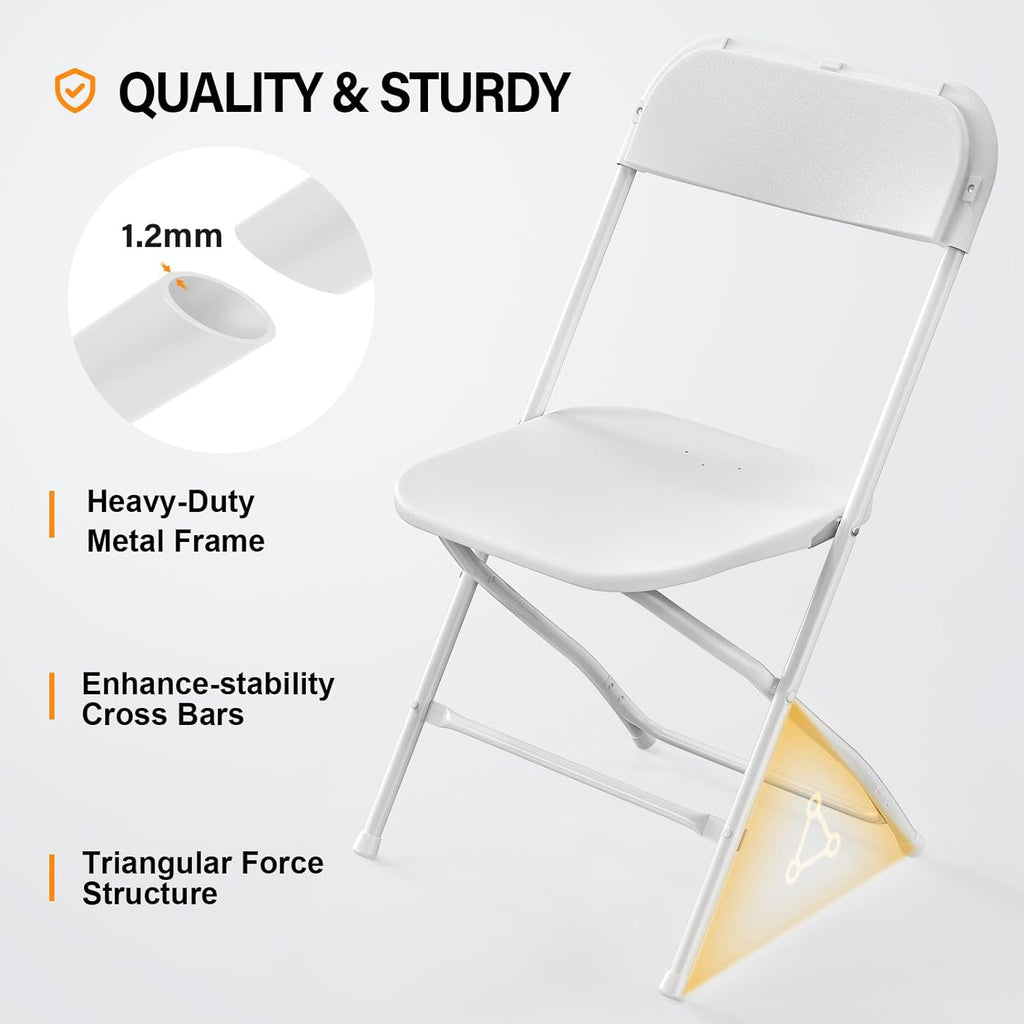 VINGLI 10 Pack White Plastic Folding Chair, Indoor Outdoor Portable Stackable Commercial Seat with Steel Frame 350lb. Capacity for Events Office Wedding Party Picnic Kitchen Dining