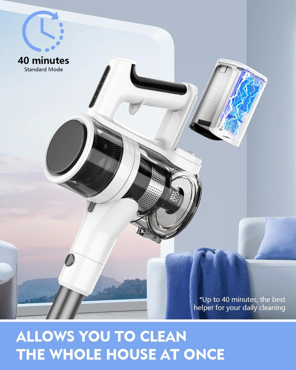 Cordless Vacuums, Detachable Parts Stick Vacuum (Pearl White)