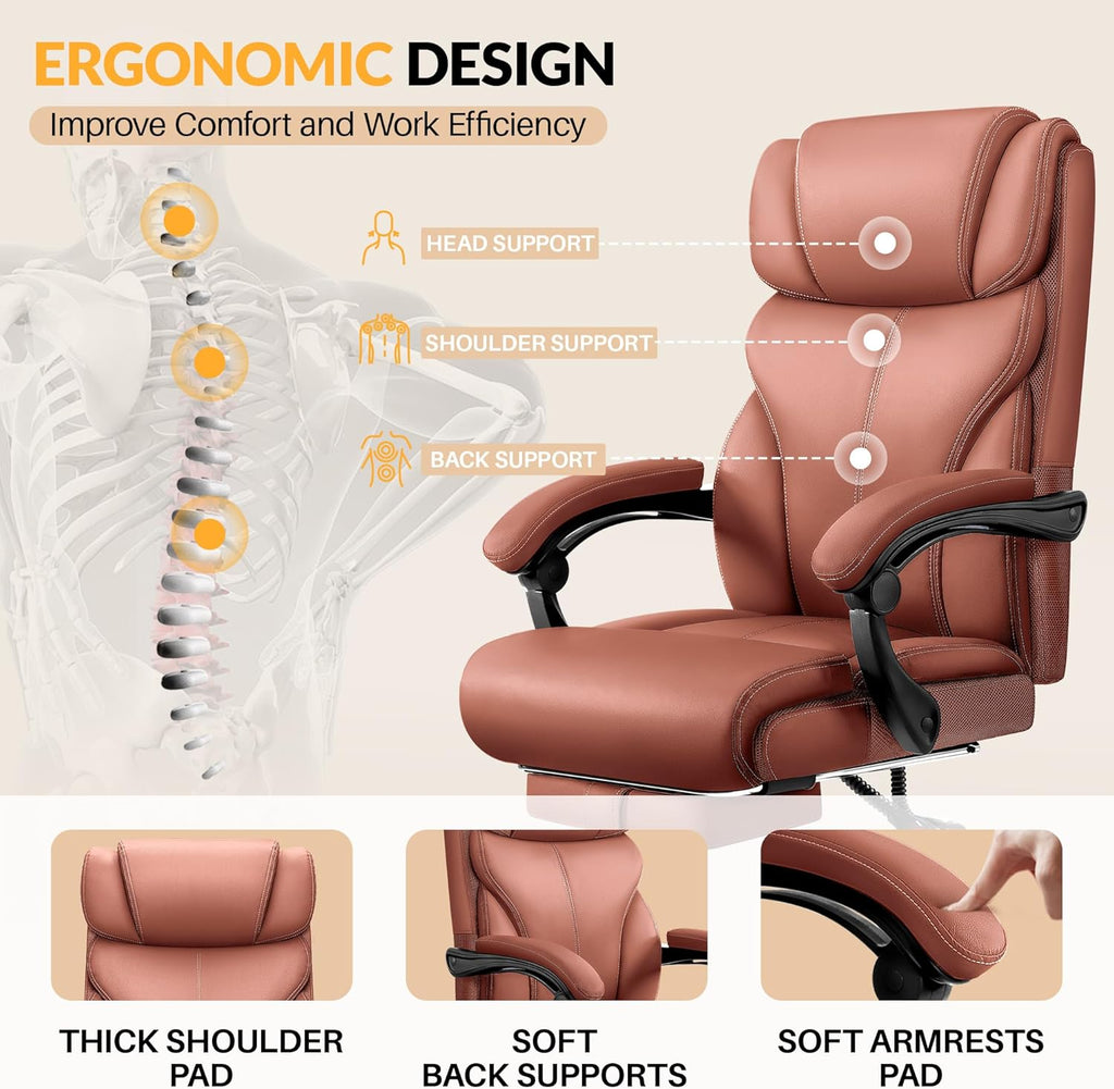 Office Chair, Executive Big and Tall Leather Desk Chairs with Footrest, Ergonomic Breathable Computer Chair with Adjustable High Back, Lumbar Support Swivel PC Chairs with Rocking Function