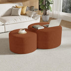 Round Nesting Coffee Table Set of 2,Upholstered Foam Ottoman Footrest Side Table Set,Modern Flannel Circle Coffee Table No Assembly for Living Room Entryway Bedroom,Orange