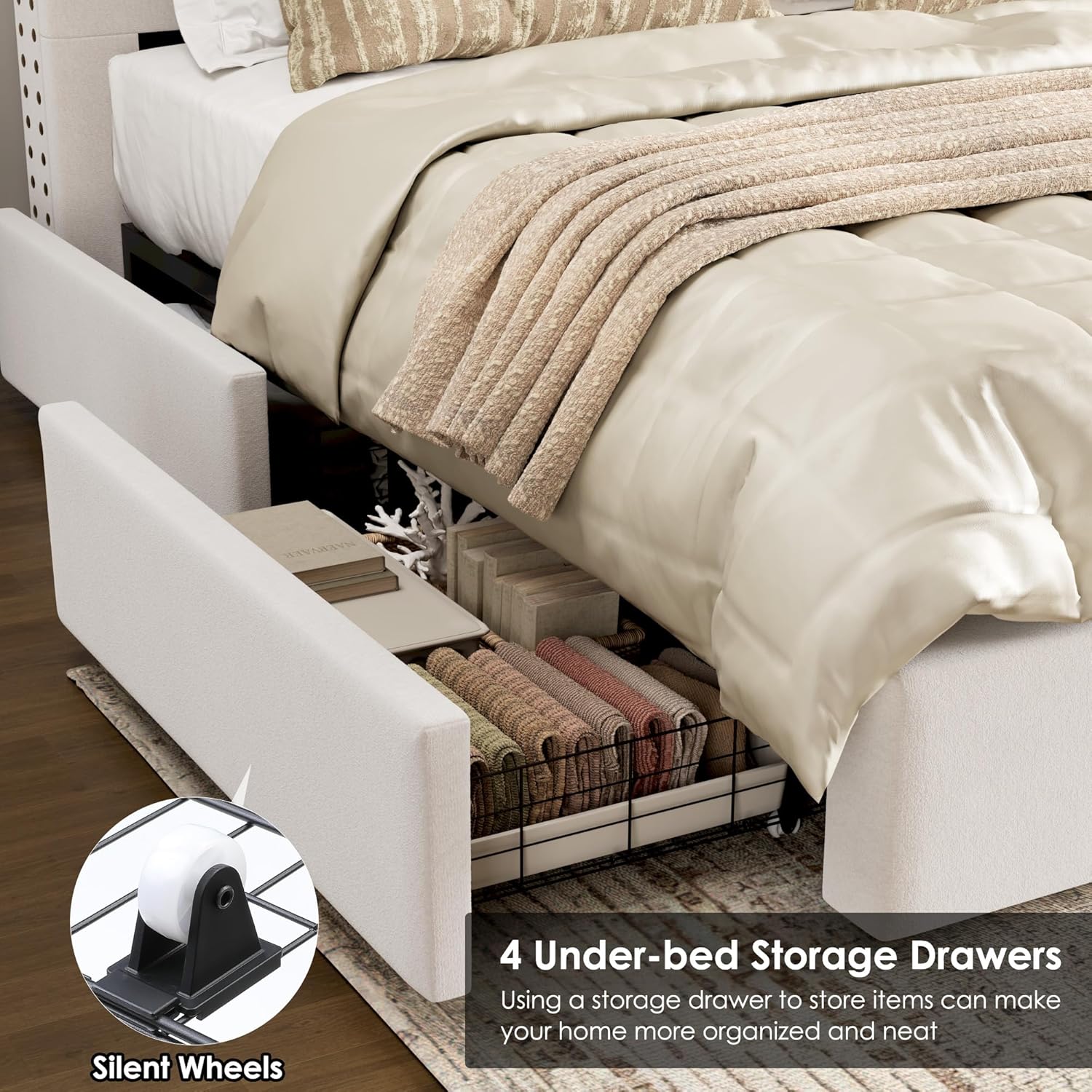 Queen Size Bed Frame 54" Tall Headboard with Gorgeous Button Tufted and Nail, Velvet Fabric Upholstered Bed Frame includes 4 Under-bed Storage Drawers, Wooden Slats, Noise-Free, Easy Assembly, Beige