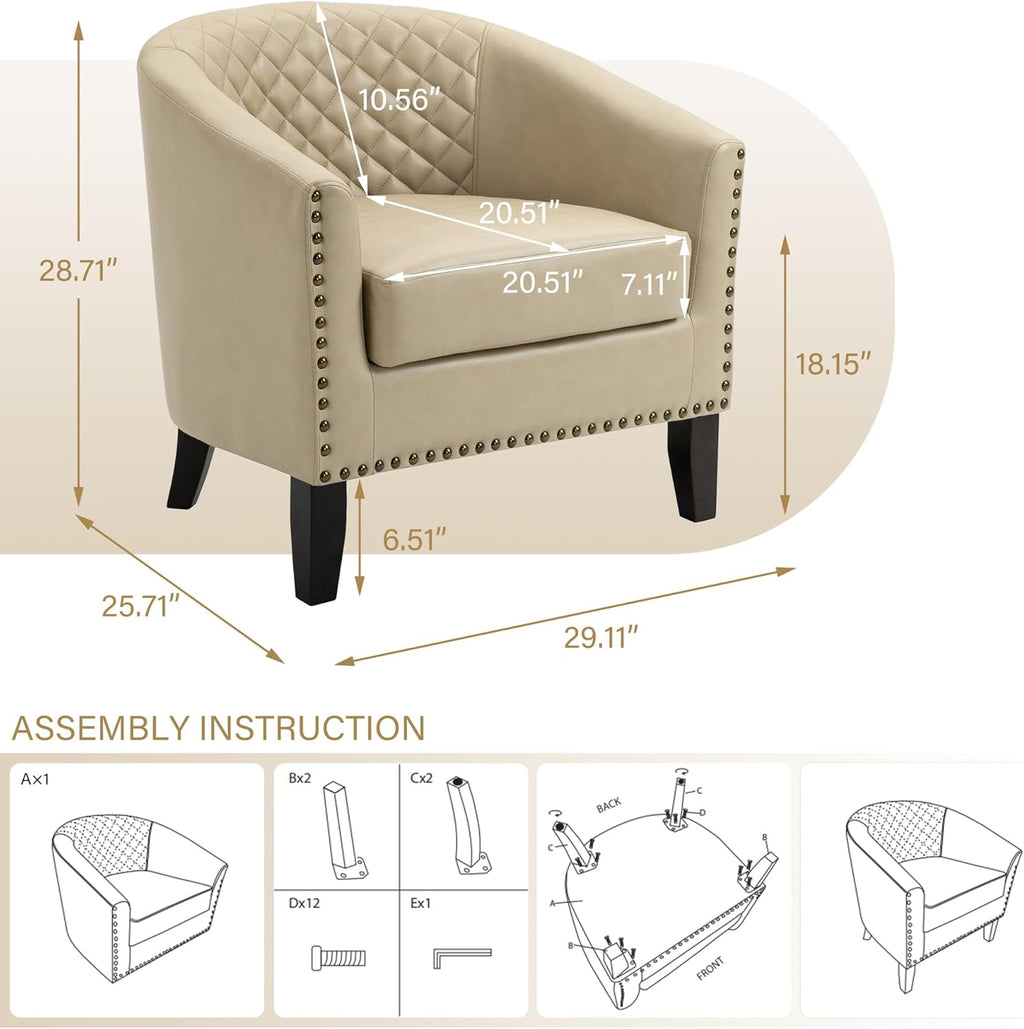 Pia Ricco Faux Leather Barrel Chairs Set of 2, Modern Comfy Accent Chairs, Upholstered Armchair Club Chairs with Nailhead Trim, Single Sofa Barrel Chair for Living Room Reading Room, Beige
