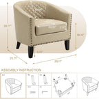 Pia Ricco Faux Leather Barrel Chairs Set of 2, Modern Comfy Accent Chairs, Upholstered Armchair Club Chairs with Nailhead Trim, Single Sofa Barrel Chair for Living Room Reading Room, Beige