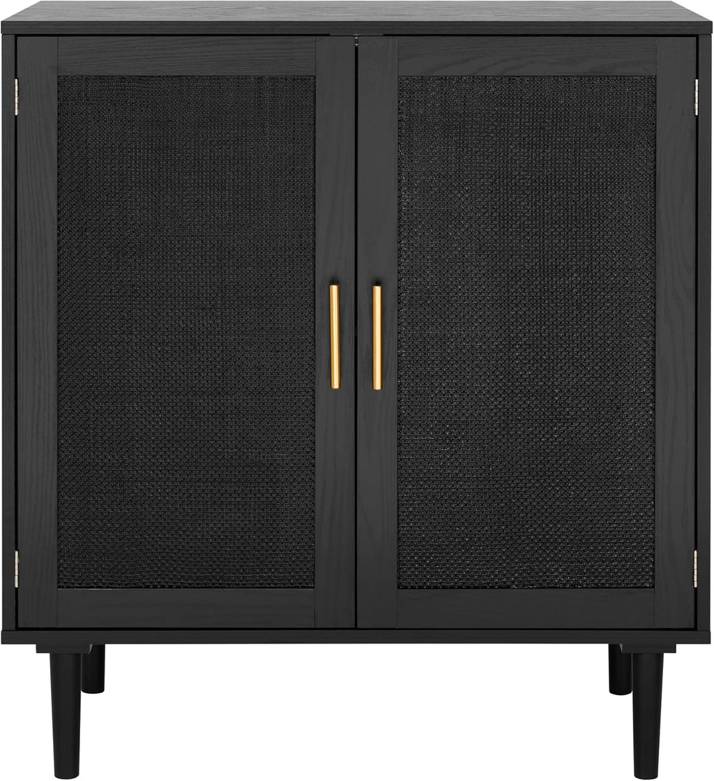 Finnhomy Sideboard Buffet Kitchen Storage Cabinet with Black Painted Rattan Decorated Doors, Dining Room, Hallway, Cupboard Console Table, Liquor/Accent Cabinet, 31.5X 15.8X 34.6 Inches, Black