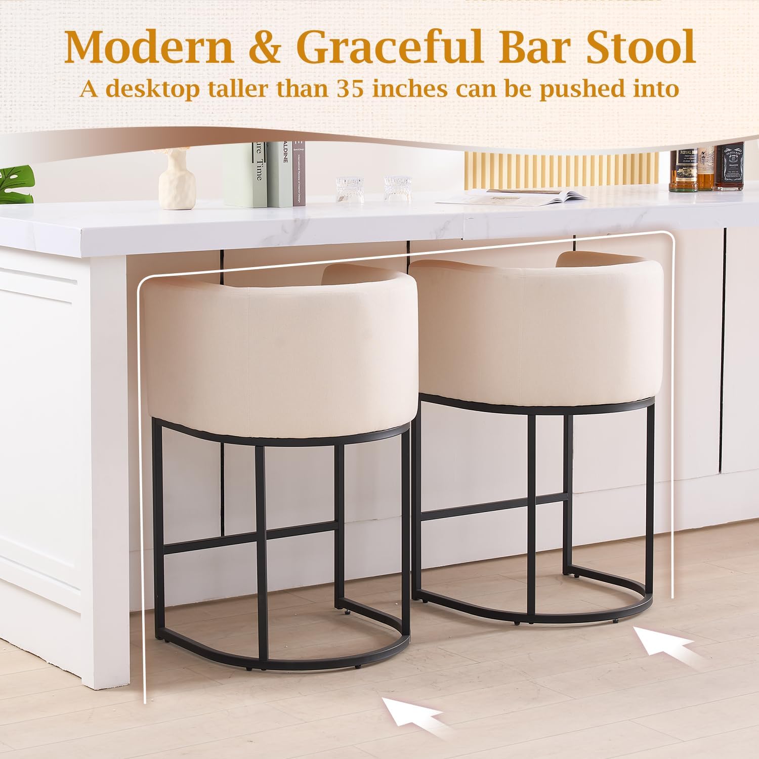 ClinQ 26" H Counter Height Bar Stools Set of 4, Modern Barrel Counter Stools with Backrest and Arms, Black Metal Frames,Linen Fabric Upholstered Accent Barstools for Kitchen Island,Beige