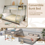 KOMFOTT Twin Over Full Convertible Bunk Bed with Reversible Ladder, Solid Wood Frame, Slats Support & Guardrails, No Box Spring Needed (Grey)