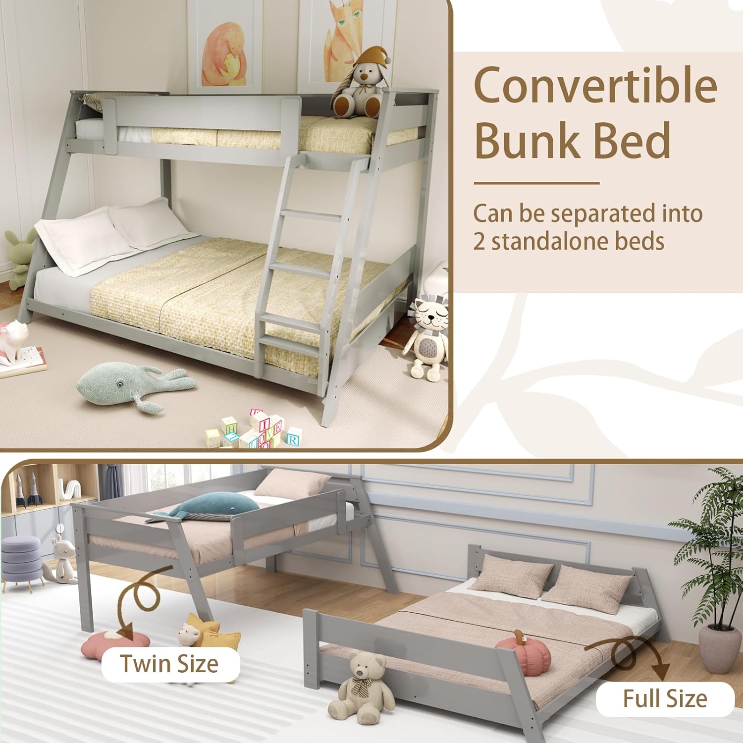 KOMFOTT Twin Over Full Convertible Bunk Bed with Reversible Ladder, Solid Wood Frame, Slats Support & Guardrails, No Box Spring Needed (Grey)