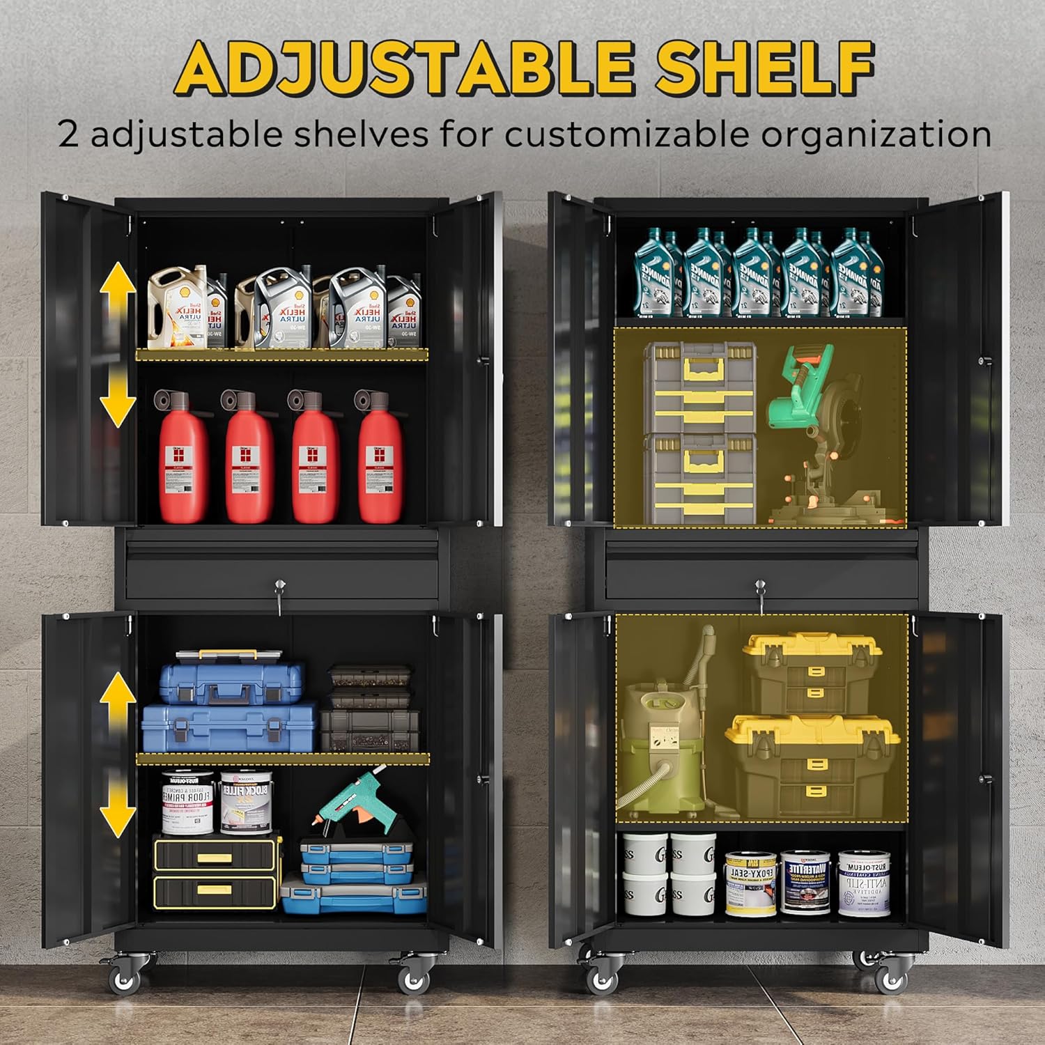DEVAISE Metal Garage Storage Cabinet with Locking Doors and Drawer,71" Tool Cabinet with Adjustable Shelves & Wheels, 71" Steel Cabinet for Garage, Warehouse (Black)