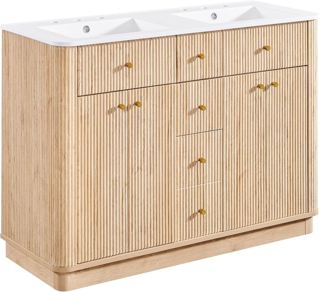 T4TREAM 48 Inch Bathroom Vanity with Sink, Modern Fluted Large Double Sink Bathroom Vanity with 2 Storage Cabinets, Adjustable Shelf, and 2 Drawers, Natural Oak