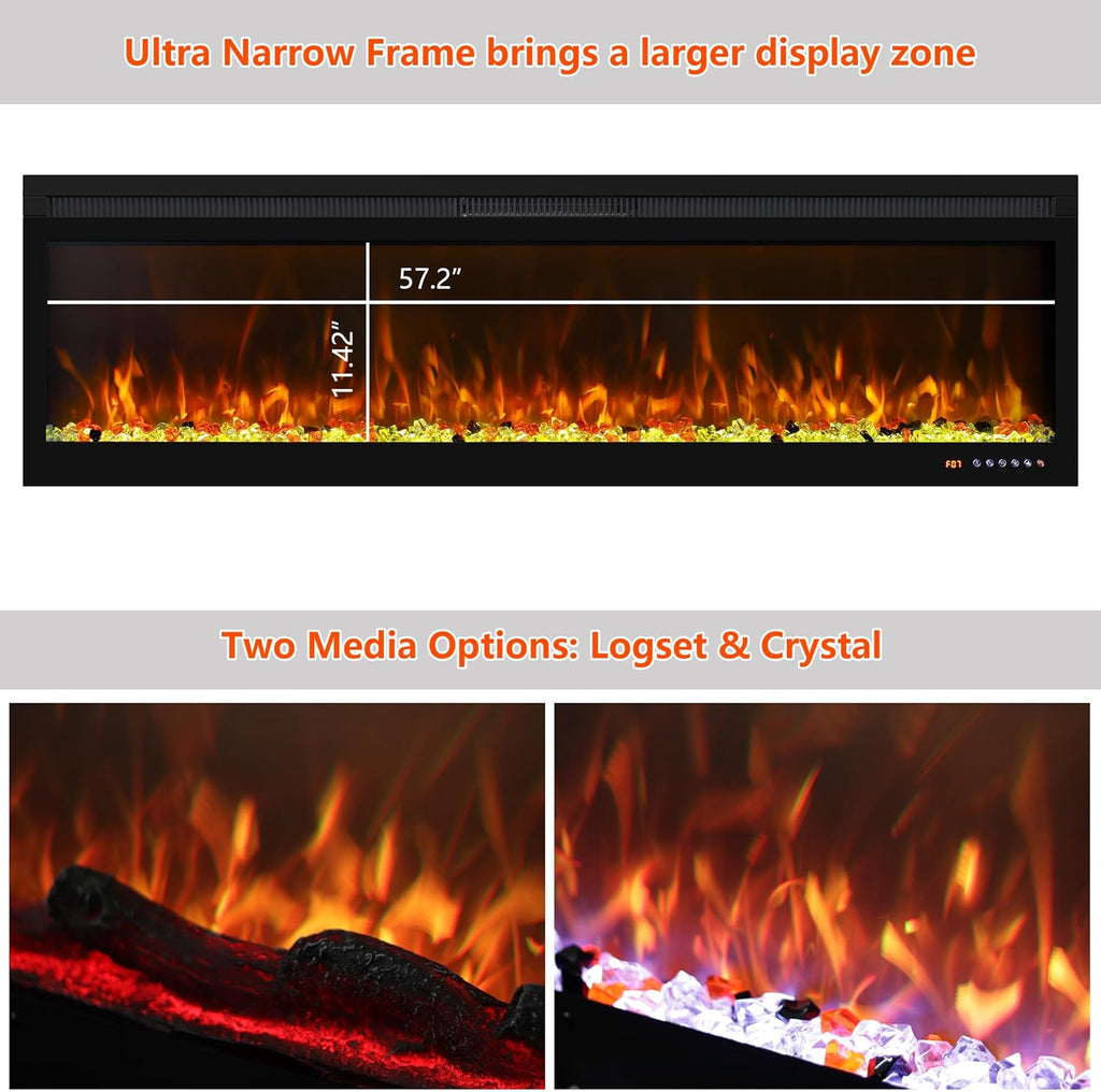 60 Inch Smart WiFi Infrared Electric Fireplace Realistic Flame, 169 Flame Color Combinations,App/Remote Control, Logs & Crystals,750W/1500W Heater, Black