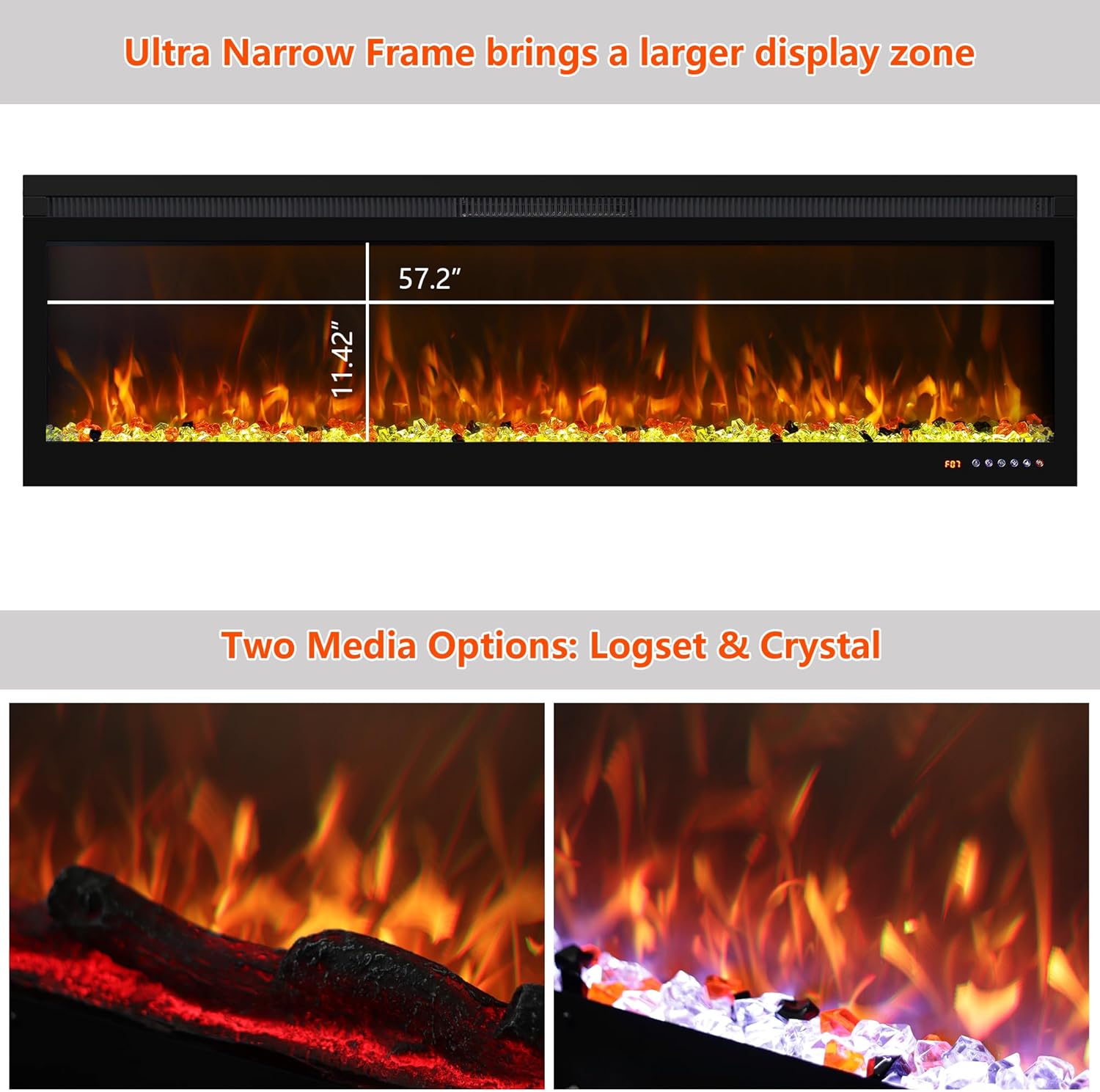 60 Inch Smart WiFi Infrared Electric Fireplace Realistic Flame, 169 Flame Color Combinations,App/Remote Control, Logs & Crystals,750W/1500W Heater, Black