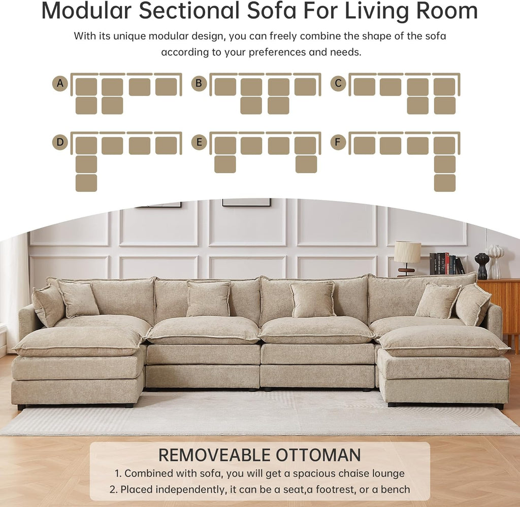 Modular Sectional Sofa, 147.2 Inch U Shaped Couch Set with Armrests, 4-Seater Comfy Cloud Couches with Movable Ottoman for Living Room Apartment, Coffee