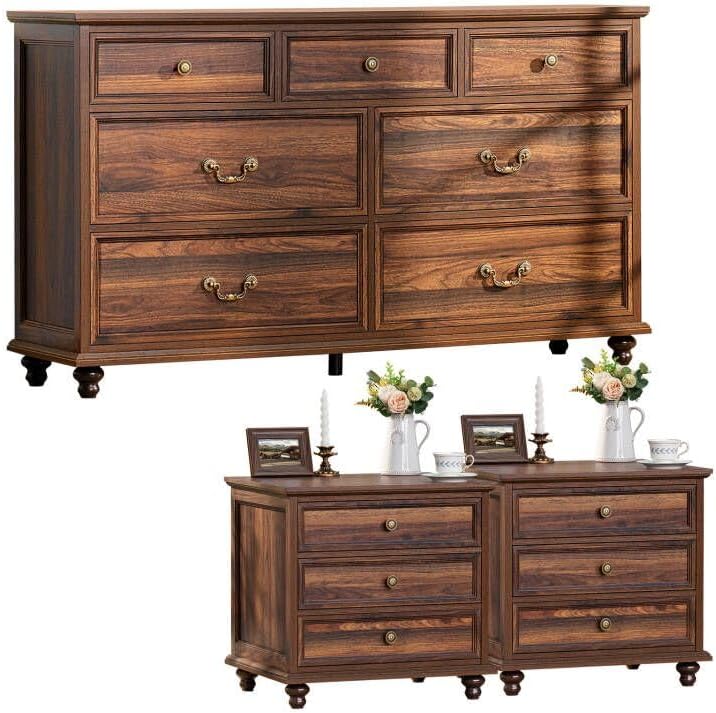 Farmhouse Dresser and Nightstand Set - 3 Piece, 54" Wide Dresser and 24" Nightstands for Bedroom, Living Room, Hallway