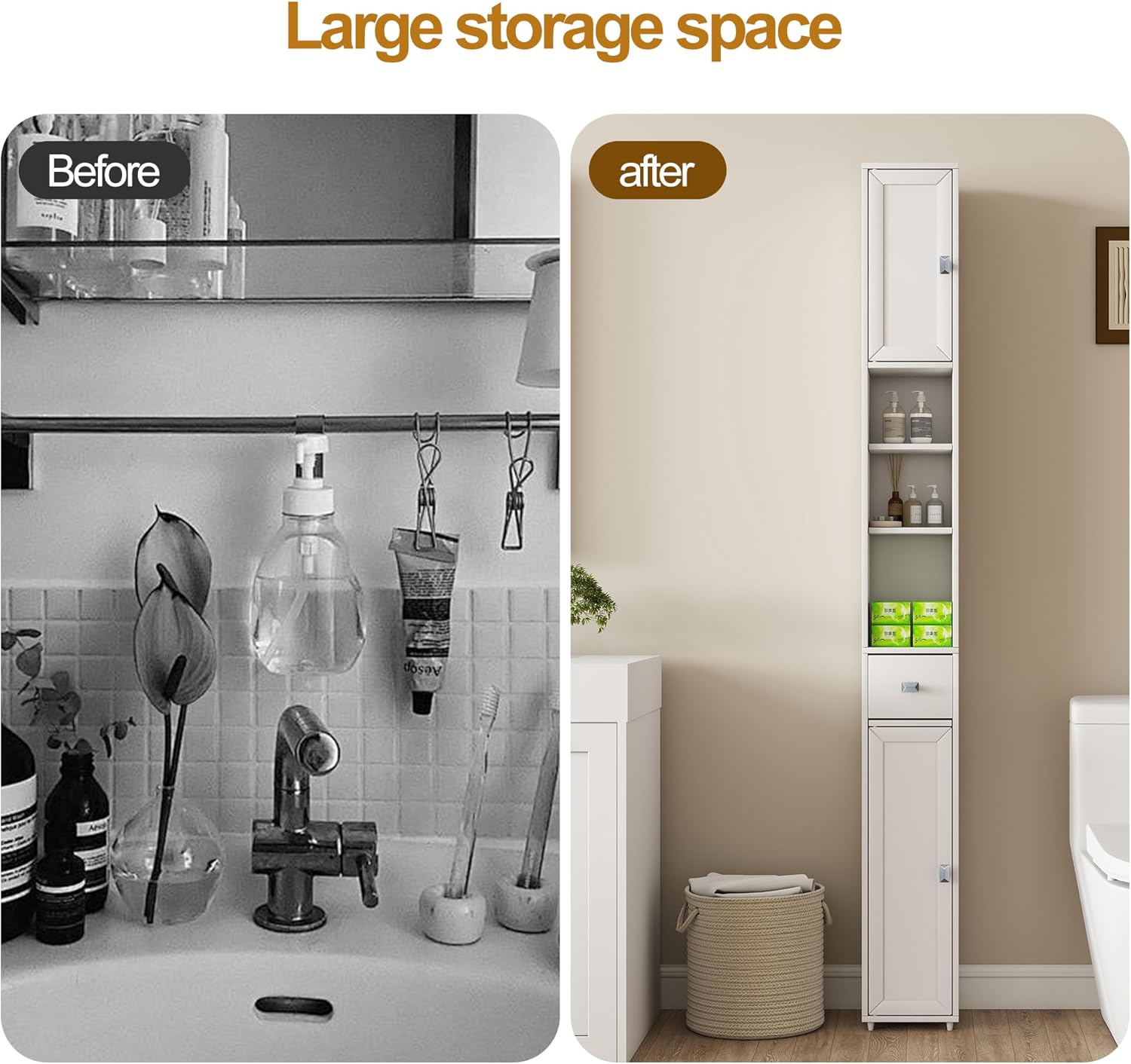 Tall Storage Cabinet, 7.9 Inch Narrow Bathroom Cabinet with USB Magnetic Light, Open Shelf, Magnetic Doors & Drawer, 5 Adjustable Shelves, Anti-Tip Kit for Small Spaces, Living Room, White, 70.9" H
