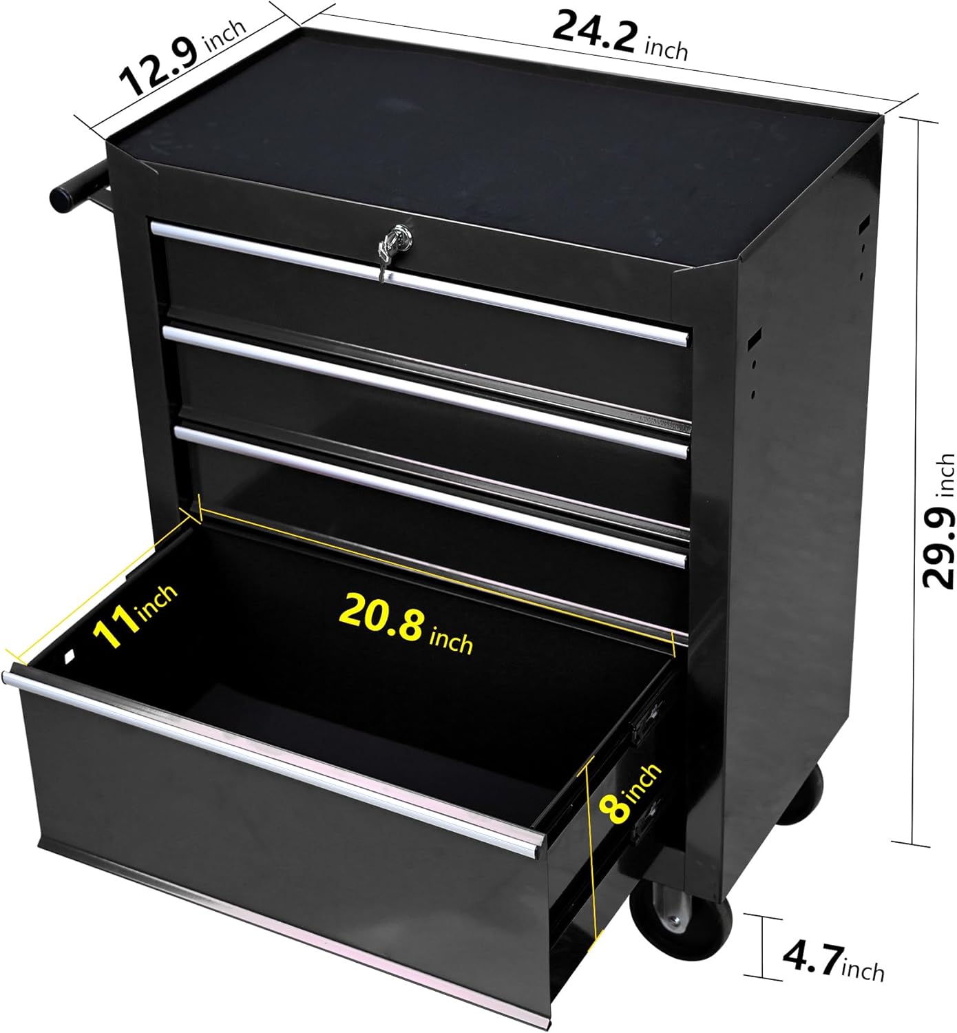 4-Drawer Rolling Toolbox Cabinet, Large Capacity Metal Toolbox with Wheels and Key Lock, Rolling Toolbox Organizer Toolbox, Heavy-Duty Industrial Service cart Storage Organizer