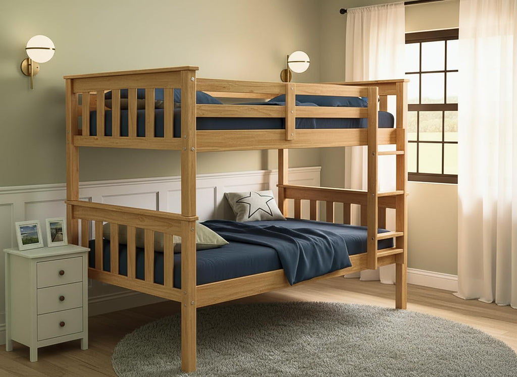 Solid Wood Twin Over Twin Bunk Bed with Ladder and Safety Rails – Durable Pine Wood Kids Bed Frame, Available in White, Grey, and Honey Finishes