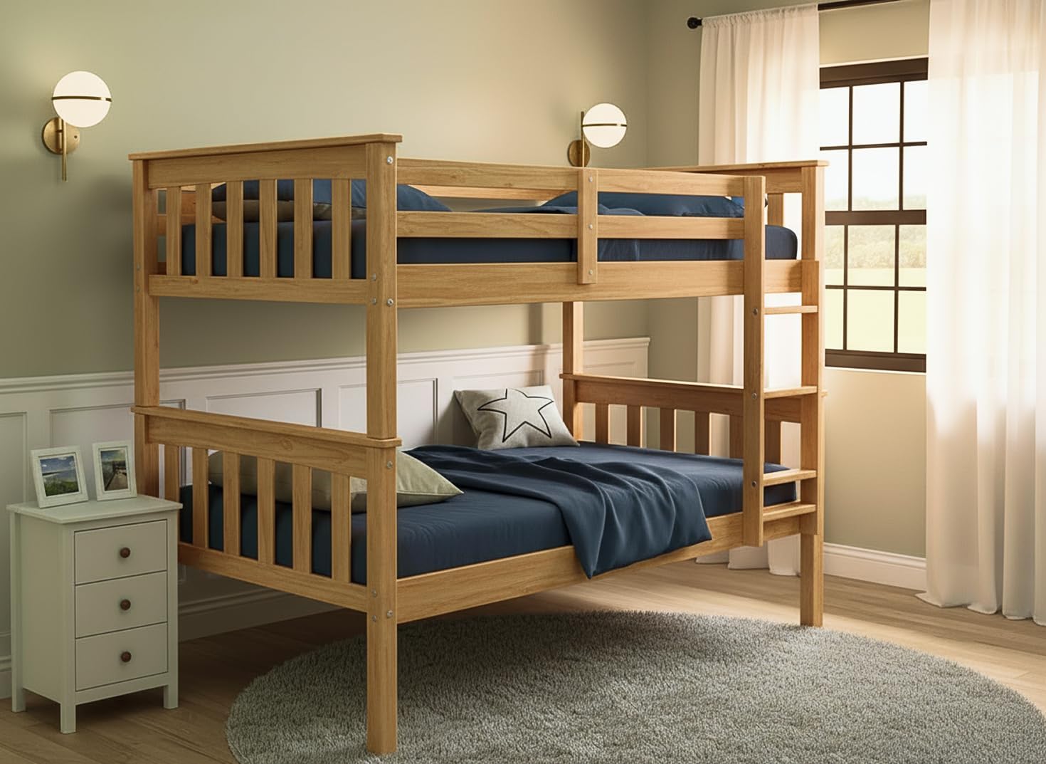 Solid Wood Twin Over Twin Bunk Bed with Ladder and Safety Rails – Durable Pine Wood Kids Bed Frame, Available in White, Grey, and Honey Finishes